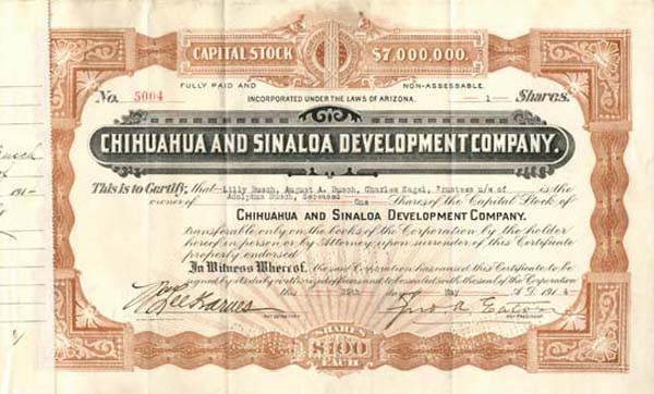 Chihuahua and Sinaloa Development Co. signed by August Busch